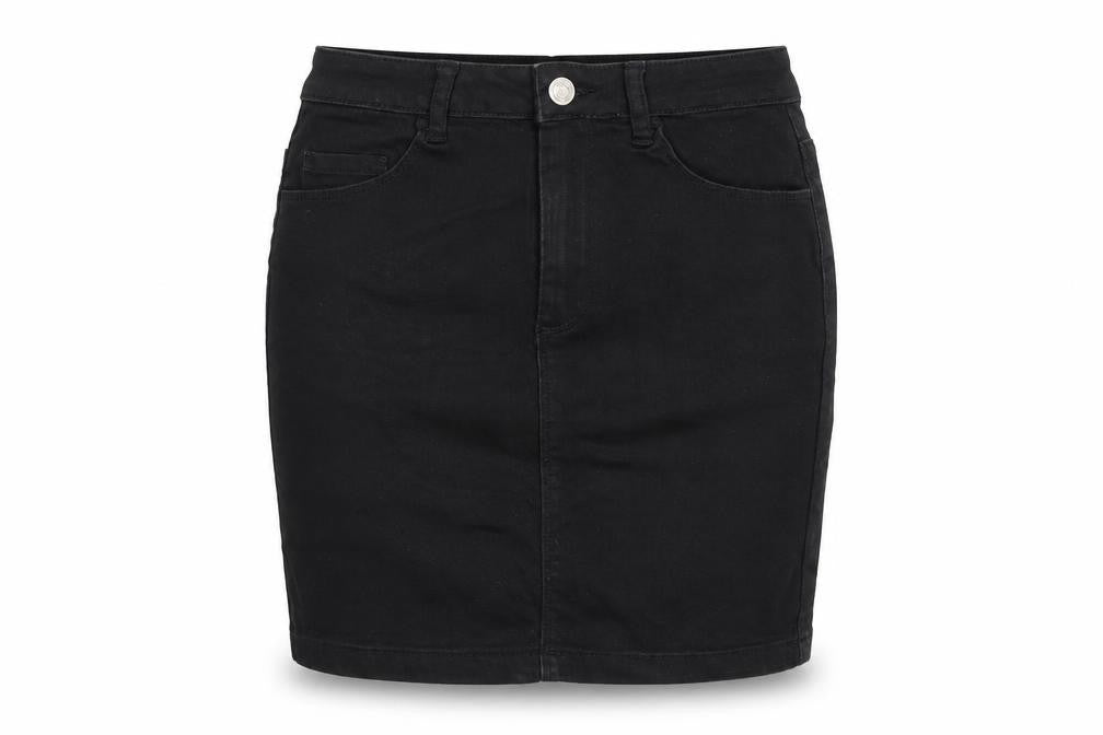 Front view of Missguided women’s black cotton a-line skirt, size UK 8, zip