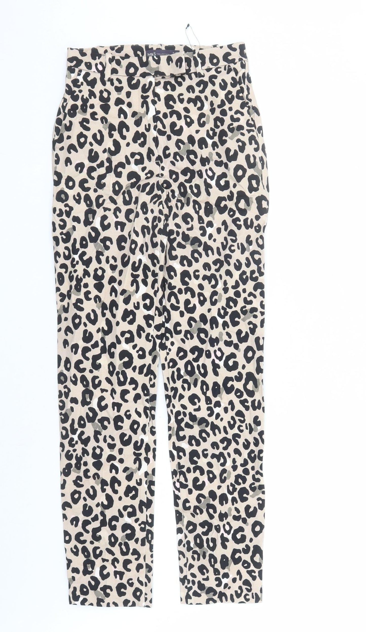 Marks and Spencer Womens Brown Animal Print Viscose Trousers Size 6 L28 in Regular Zip - Leopard Pattern