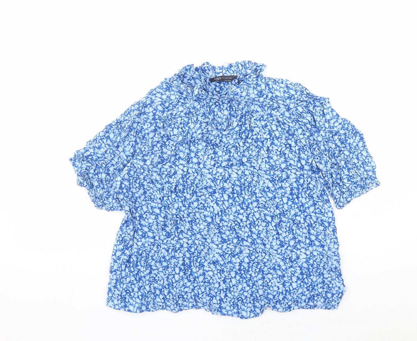 Marks and Spencer Womens Blue Geometric Viscose Basic Blouse Size 10 Round Neck - Keyhole Neckline