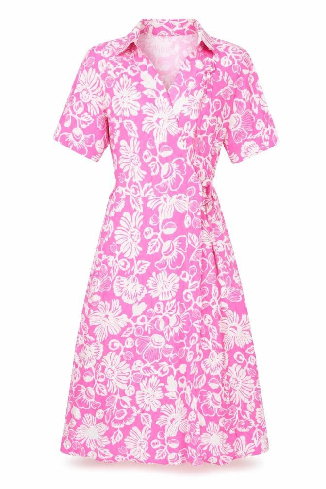 Marks and Spencer Womens Pink Floral Viscose Wrap Dress Size 6 Collared Tie