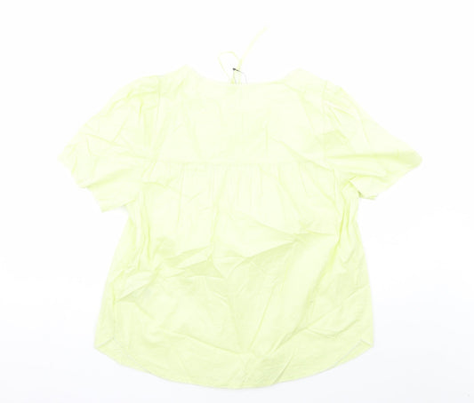 Marks and Spencer Womens Yellow Cotton Basic Blouse Size 10 Round Neck - Embroidered Flowers