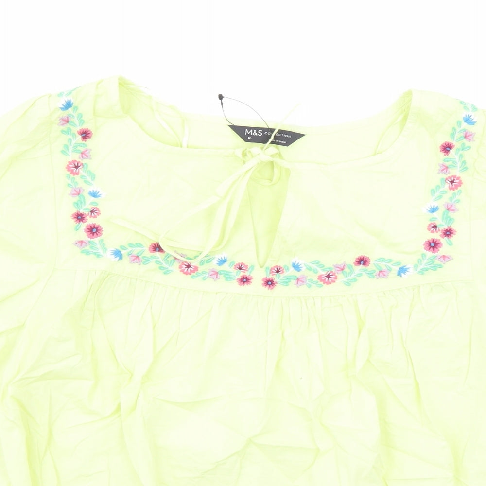 Marks and Spencer Womens Yellow Cotton Basic Blouse Size 10 Round Neck - Embroidered Flowers