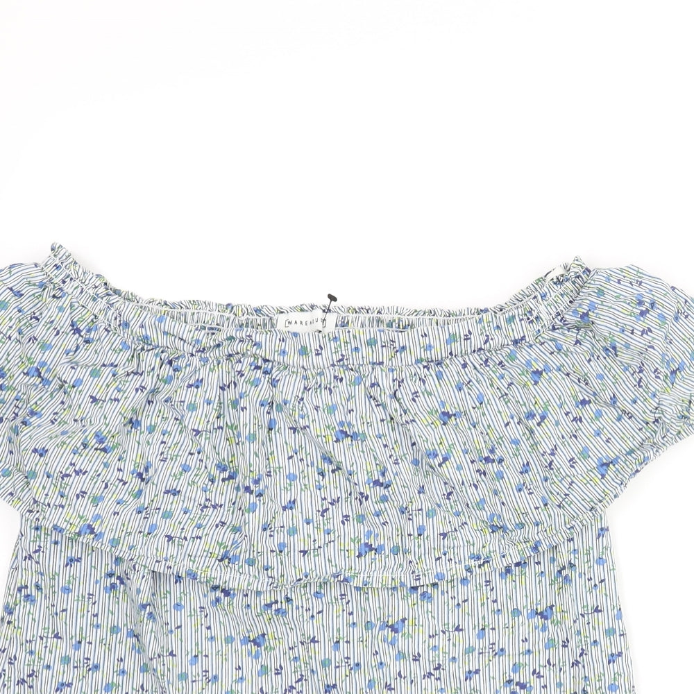 Warehouse Womens Blue Floral Cotton Basic Blouse Size 8 Off the Shoulder