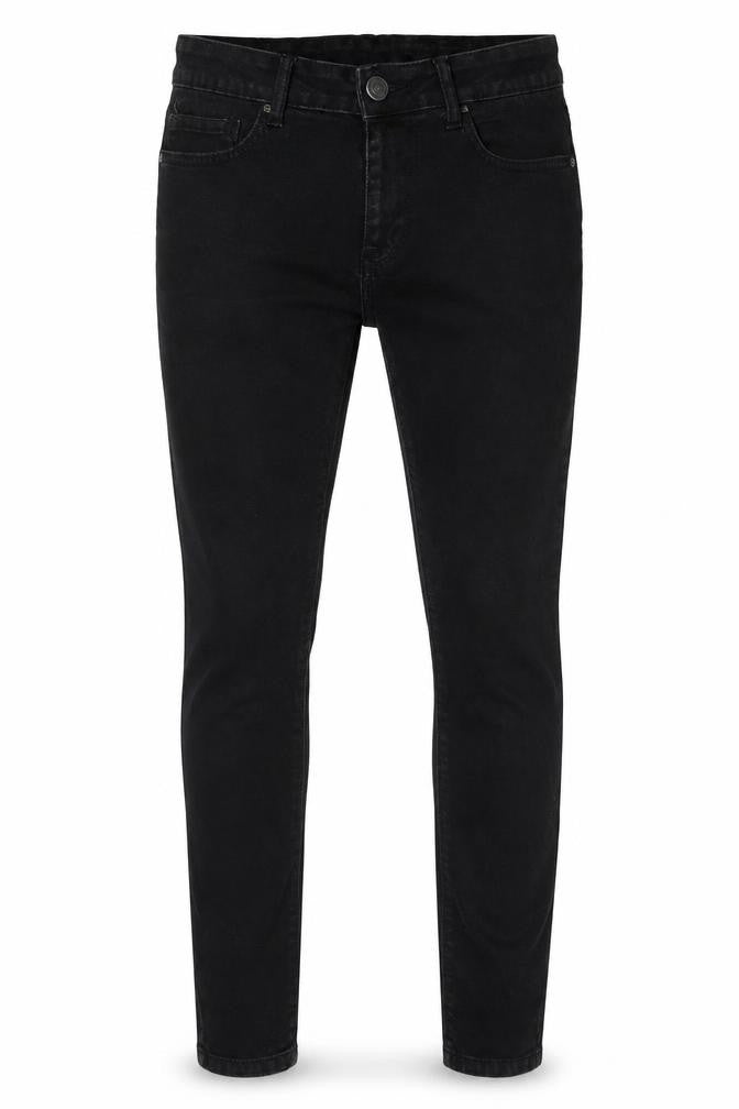 Front view of Denim & Co. men’s black cotton skinny jeans, size 32, in, 34-inch leg regular zip - pockets, belt loops