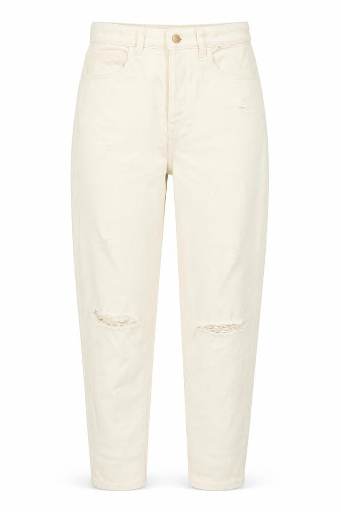 Front view of Denim & Co. women’s beige cotton mom jeans, size UK 10, 28-inch leg regular button - pockets, belt loops
