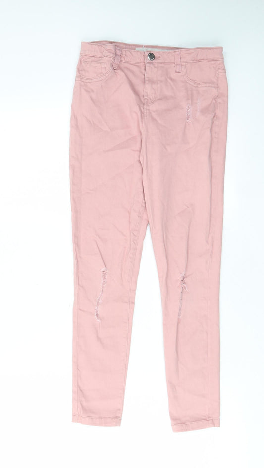 Denim & Co. Girls Pink Cotton Skinny Jeans Size 10-11 Years L24 in Regular Zip - Distressed, Pockets, Belt Loops