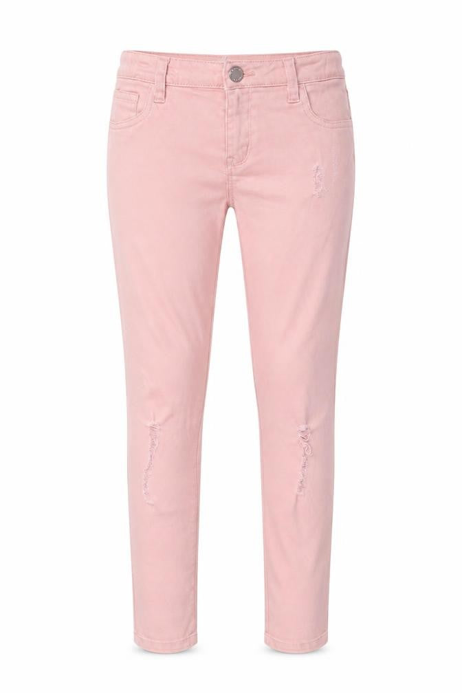Front view of Denim & Co. girls’ pink cotton skinny jeans, size 10-11, years regular zip - distressed, pockets, belt loops