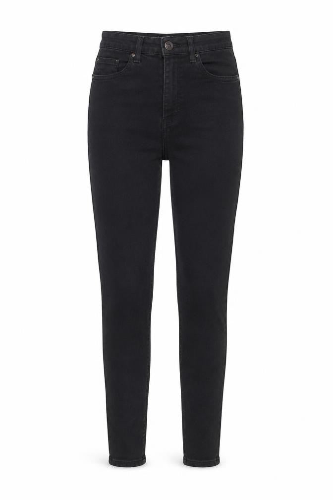 Front view of Toxik3 women’s black cotton skinny jeans, size UK 8, 28-inch leg regular zip - pockets, belt loops