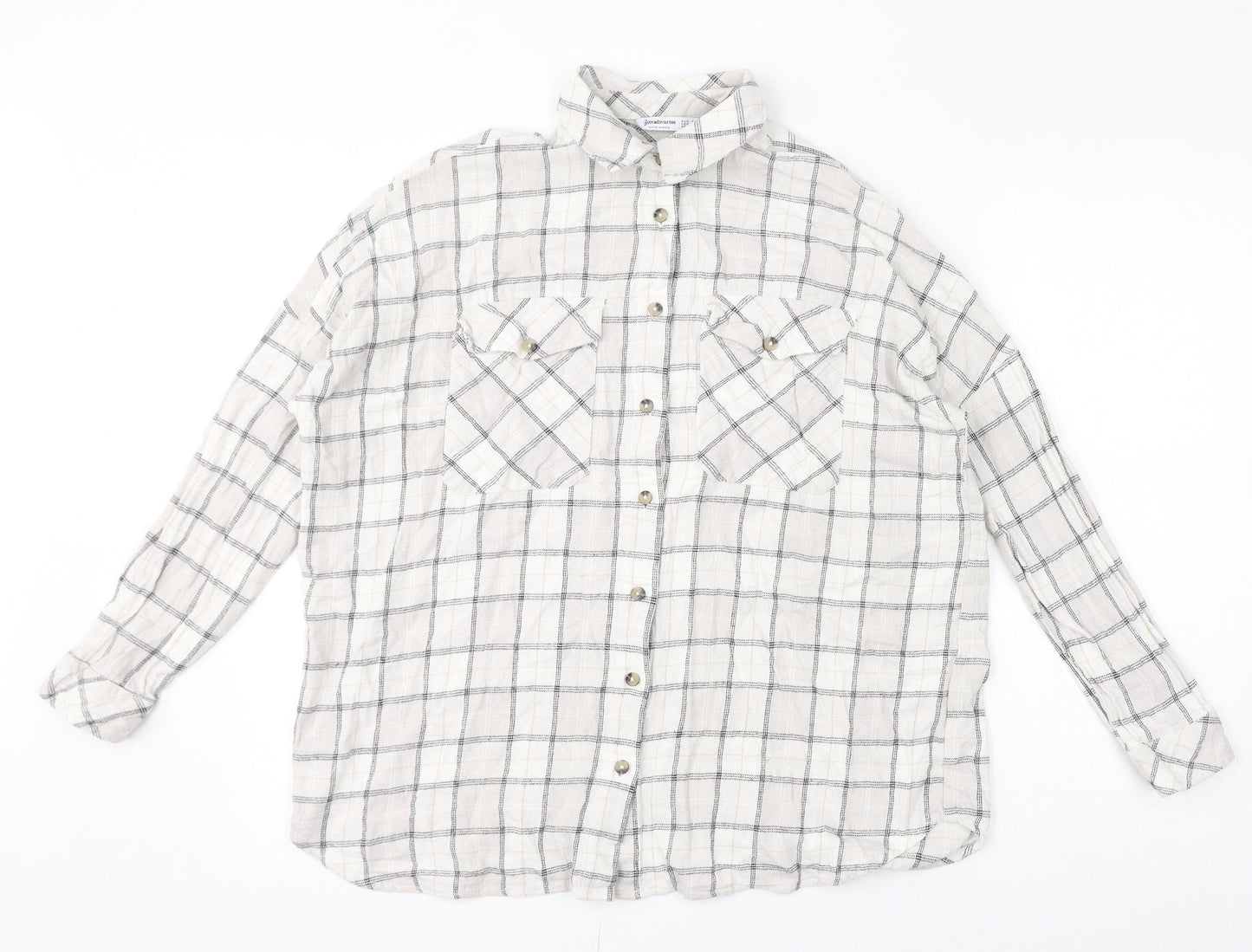 Stradivarius Womens Ivory Check Polyester Basic Button-Up Size S Collared