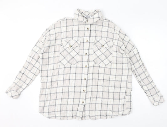 Stradivarius Womens Ivory Check Polyester Basic Button-Up Size S Collared
