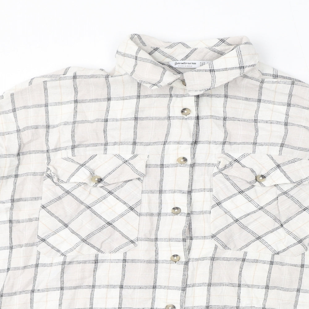 Stradivarius Womens Ivory Check Polyester Basic Button-Up Size S Collared