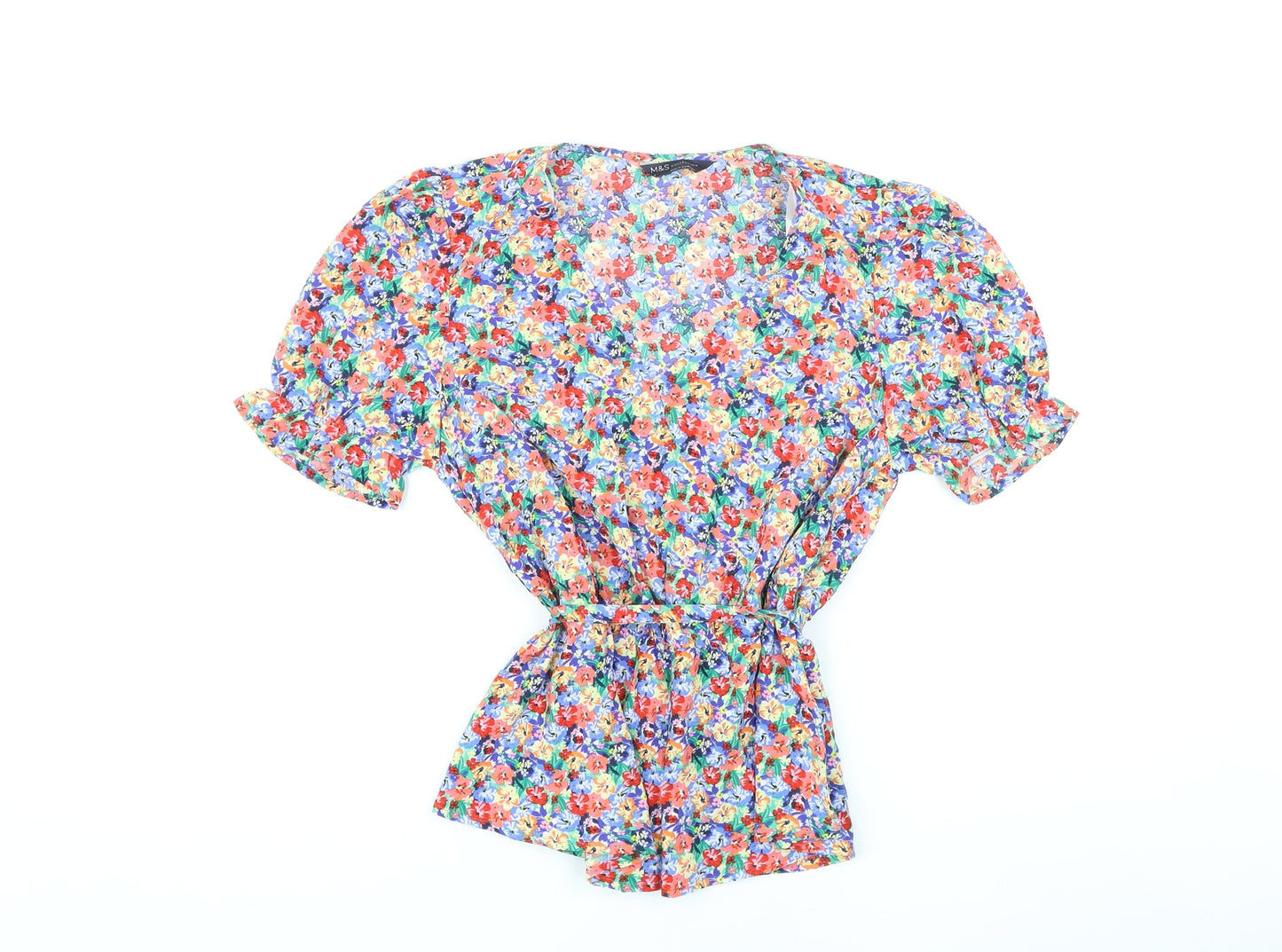 Marks and Spencer Womens Multicoloured Floral Polyester Basic Blouse Size 8 V-Neck - Belted