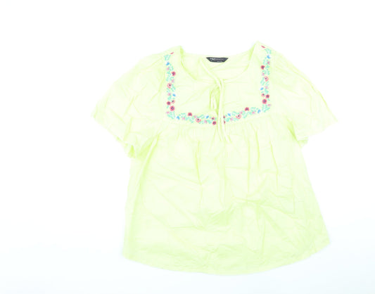 Marks and Spencer Womens Yellow Cotton Basic Blouse Size 12 Round Neck - Embroidered Flowers