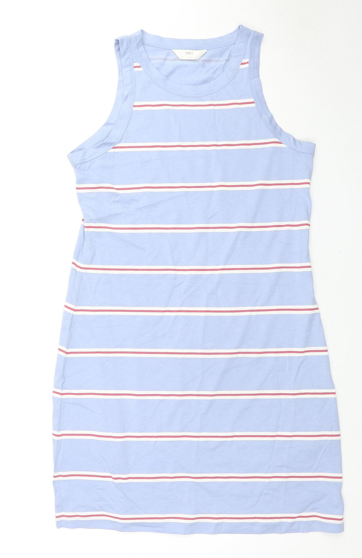 Marks and Spencer Womens Blue Striped Cotton Tank Dress Size M Round Neck Pullover
