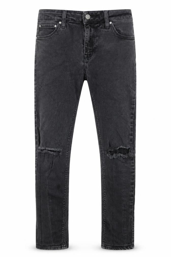 Front view of ASOS men’s black cotton skinny jeans, size 30, in, 32-inch leg regular zip - pockets