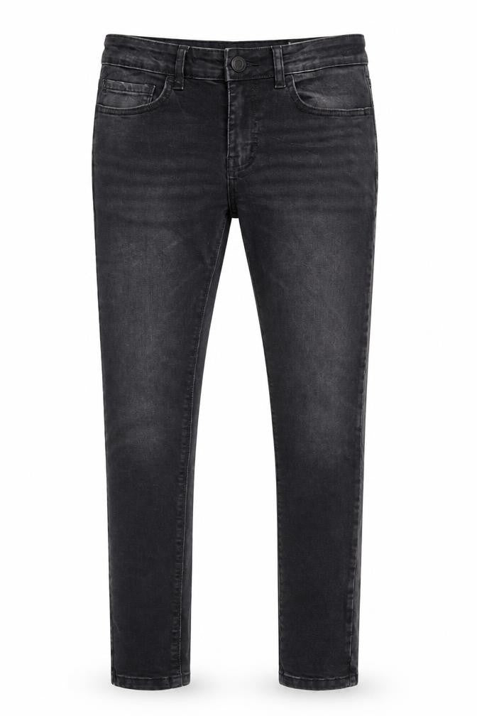 Front view of Denim & Co. men’s black polyester skinny jeans, size 30, in, 32-inch leg regular zip - pockets