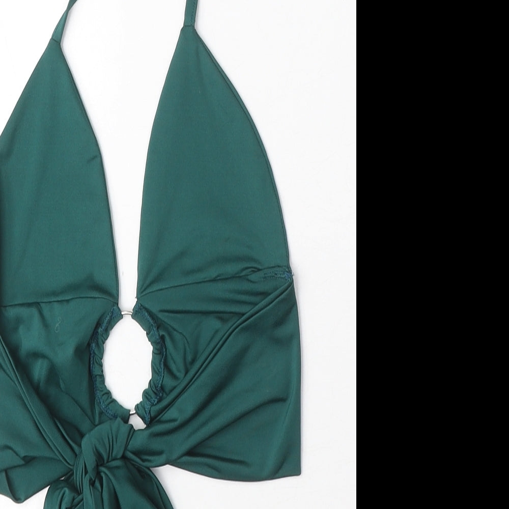 PRETTYLITTLETHING Womens Green Polyester Cropped Blouse Size 6 Sweetheart - Ring detail, Tie