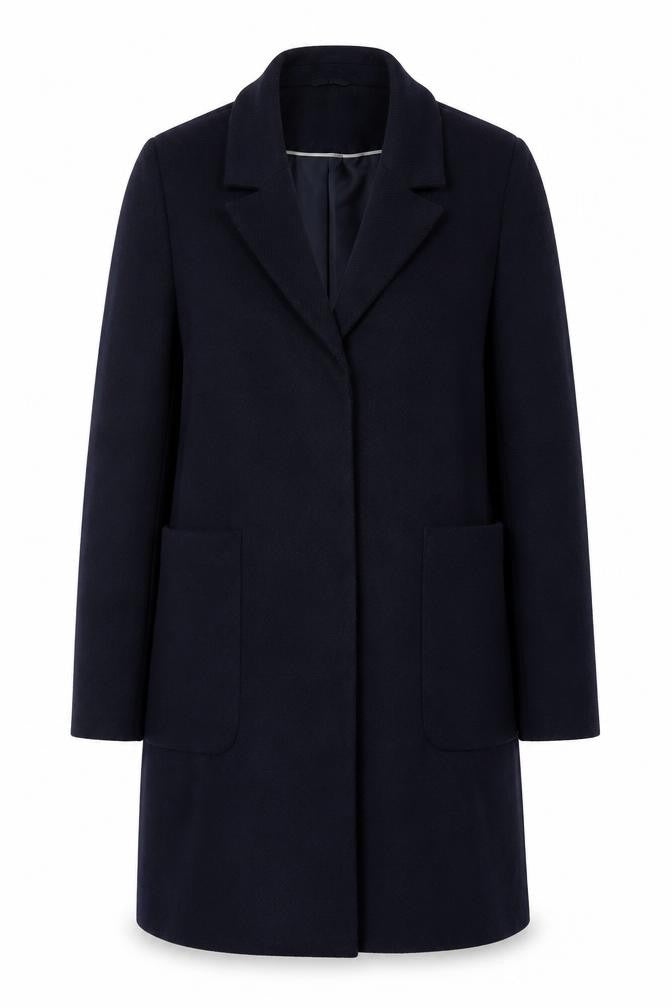 Front view of Red Herring women’s blue overcoat coat, size UK 14, snap