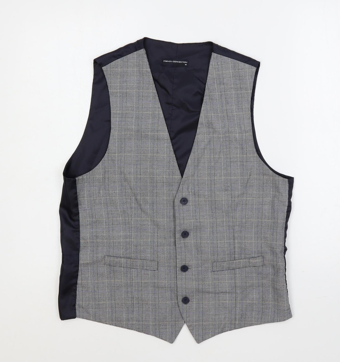 French Connection Mens Blue Plaid Polyester Jacket Suit Waistcoat Size 40 Regular