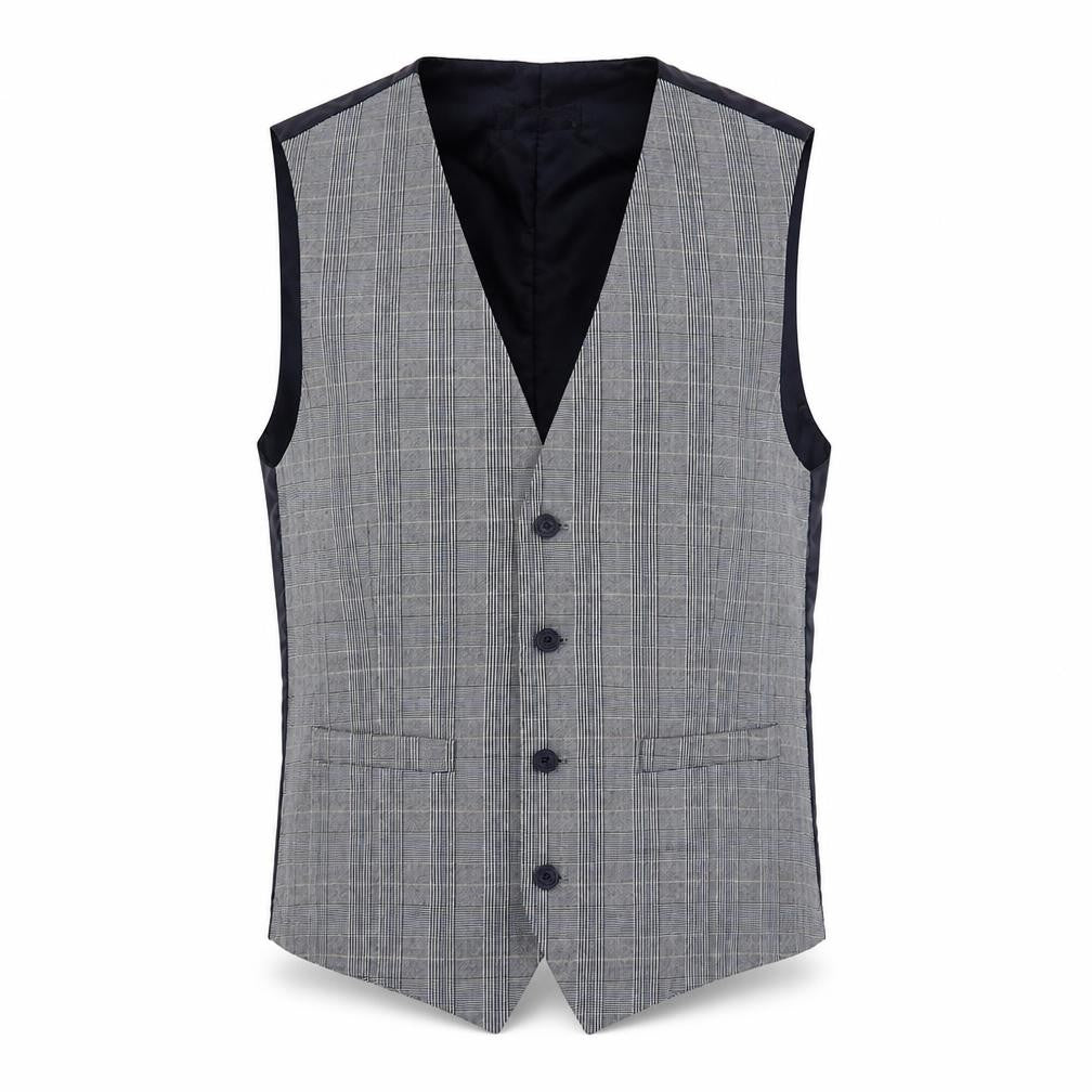 Front view of French Connection men’s blue plaid polyester jacket suit waistcoat, size 40, regular