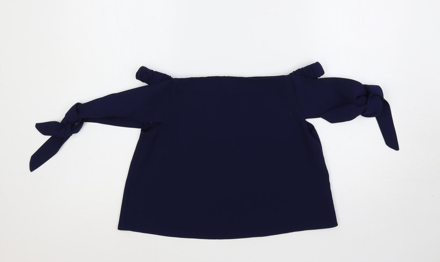 Topshop Womens Blue Polyester Cropped Blouse Size 8 Off the Shoulder - Tie Sleeve Detail