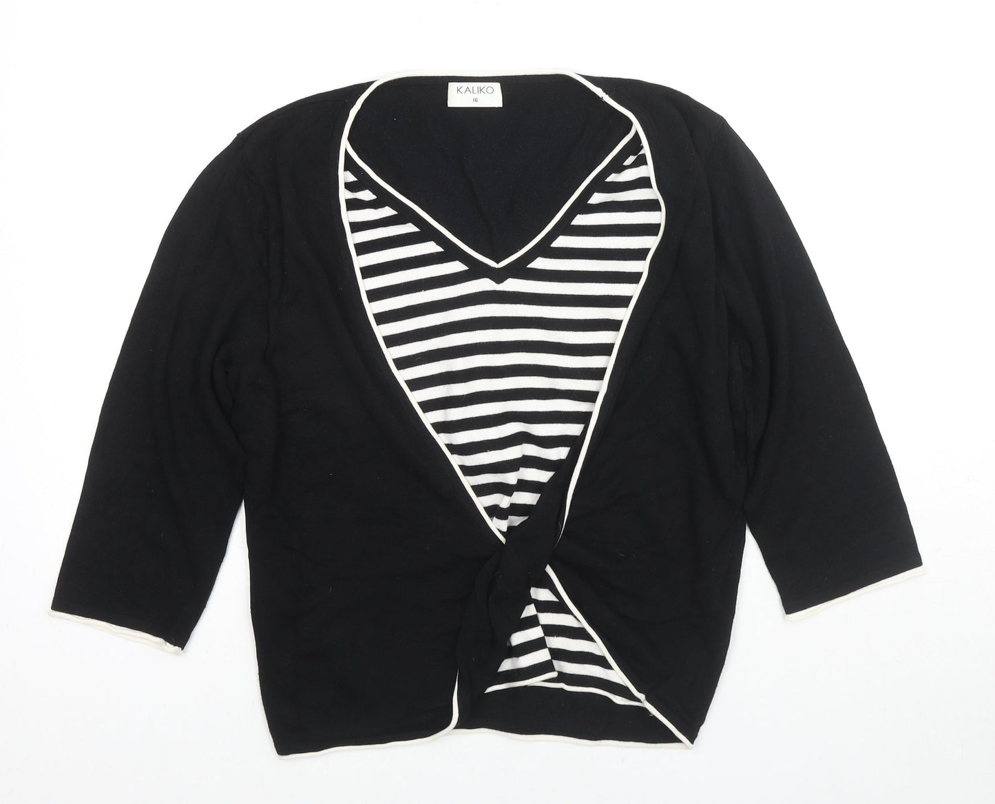 Kaliko Womens Black V-Neck Striped Viscose Pullover Jumper Size 16 - Knot Detail