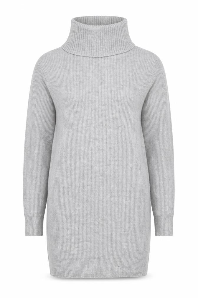 Front view of Miss Selfridge women’s grey roll neck acrylic tunic jumper, size XS