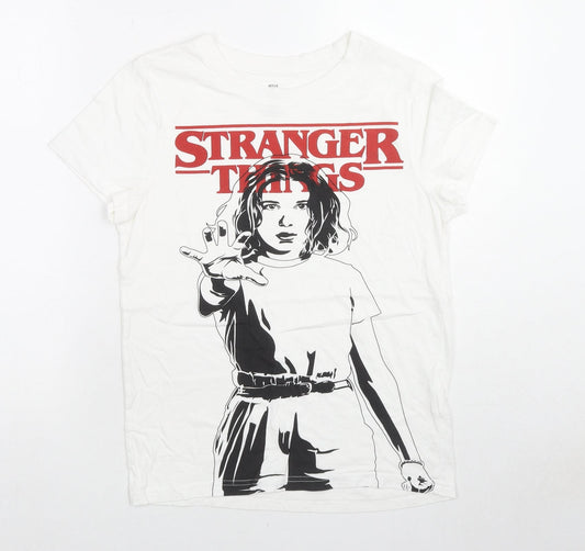 Stranger Things Womens White Cotton Basic T-Shirt Size 2XS Round Neck - Netflix Stranger Things