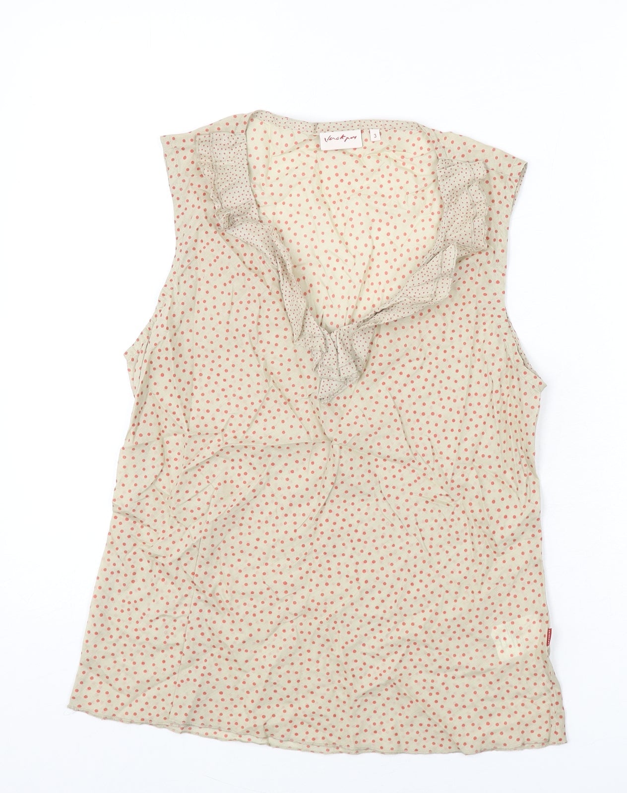 Jackpot Womens Beige Polka Dot Cotton Basic Tank Size M V-Neck - Ruffle Detail