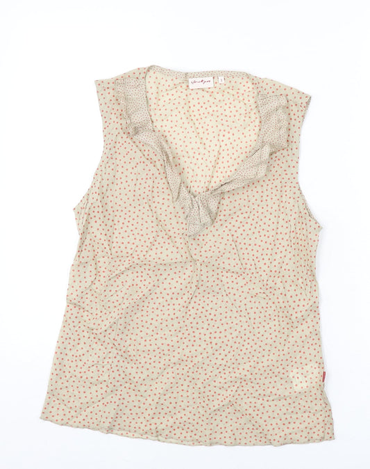 Jackpot Womens Beige Polka Dot Cotton Basic Tank Size M V-Neck - Ruffle Detail