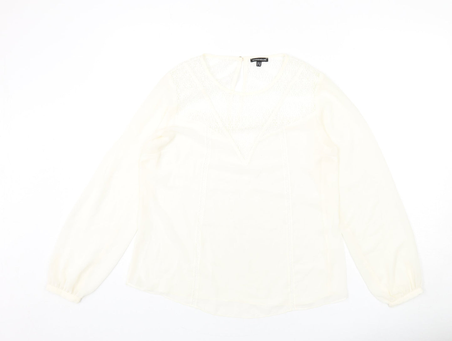 Warehouse Womens Ivory Polyester Basic Blouse Size 14 Round Neck - Lace Detail