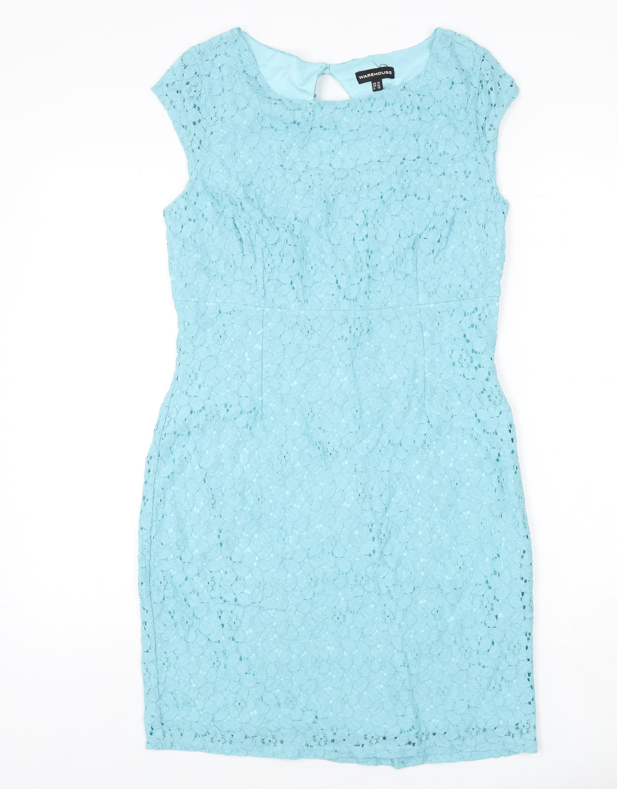 Warehouse Womens Blue Floral Cotton Pencil Dress Size 14 Round Neck Button - Lace Overlay