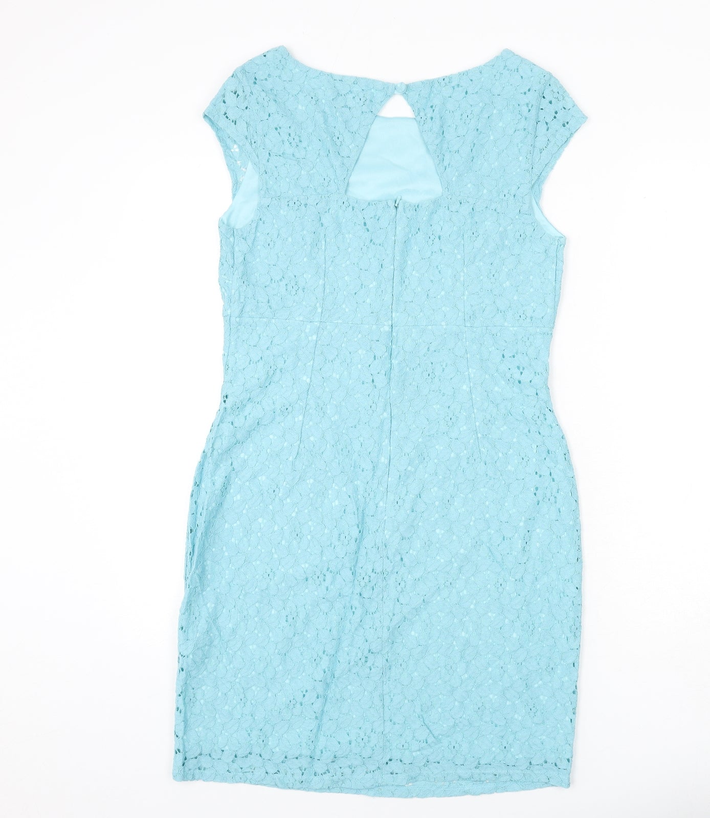 Warehouse Womens Blue Floral Cotton Pencil Dress Size 14 Round Neck Button - Lace Overlay