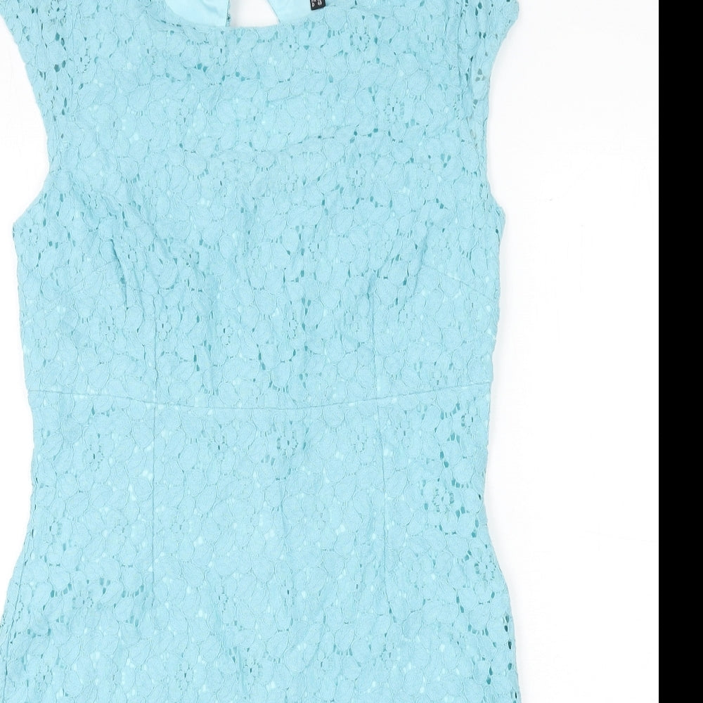 Warehouse Womens Blue Floral Cotton Pencil Dress Size 14 Round Neck Button - Lace Overlay