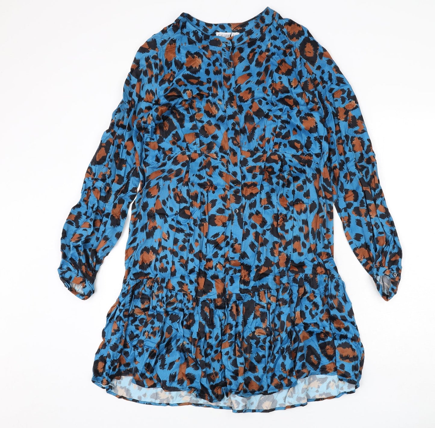 Gallery Womens Blue Animal Print Viscose A-Line Size M Round Neck Button - Leopard Print