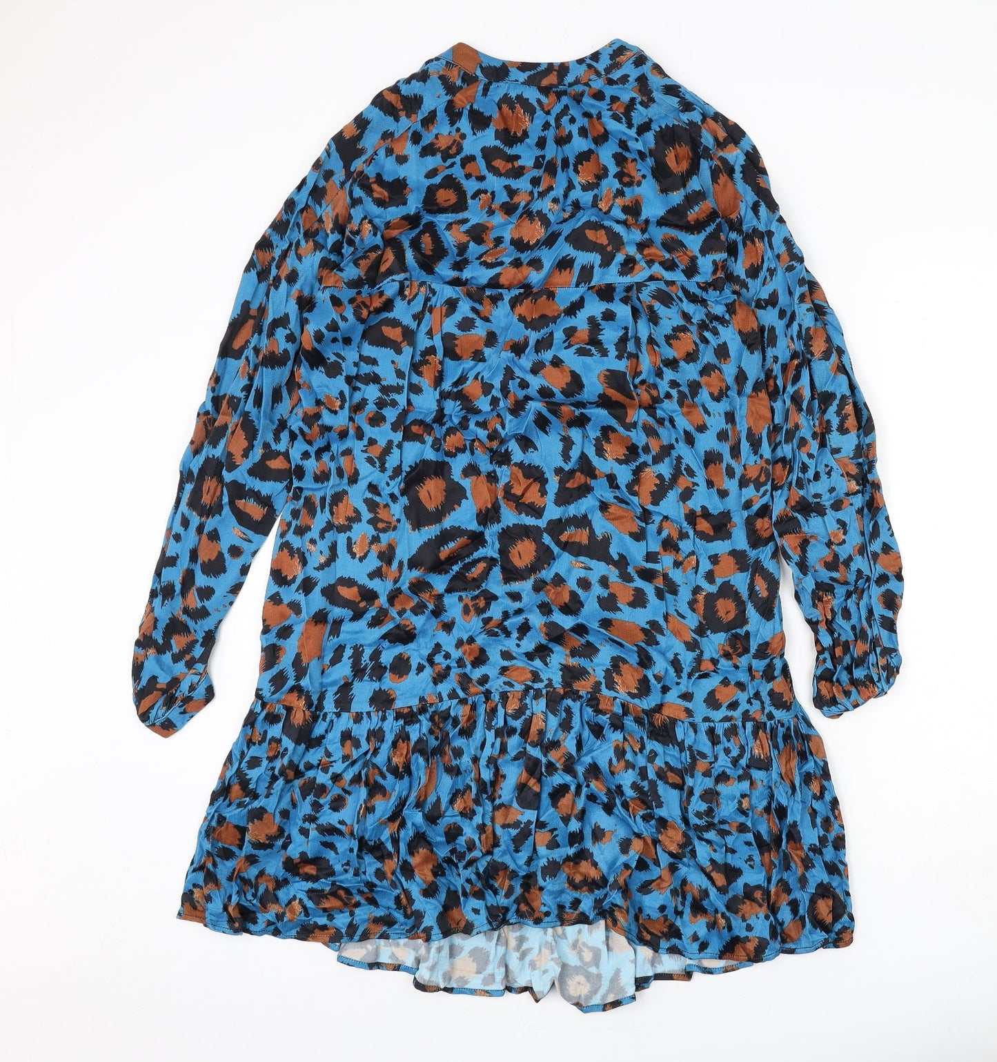 Gallery Womens Blue Animal Print Viscose A-Line Size M Round Neck Button - Leopard Print
