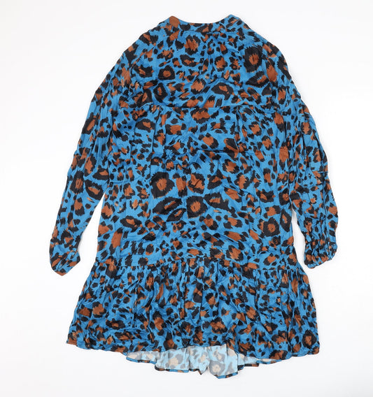 Gallery Womens Blue Animal Print Viscose A-Line Size M Round Neck Button - Leopard Print