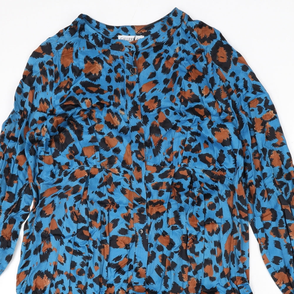 Gallery Womens Blue Animal Print Viscose A-Line Size M Round Neck Button - Leopard Print