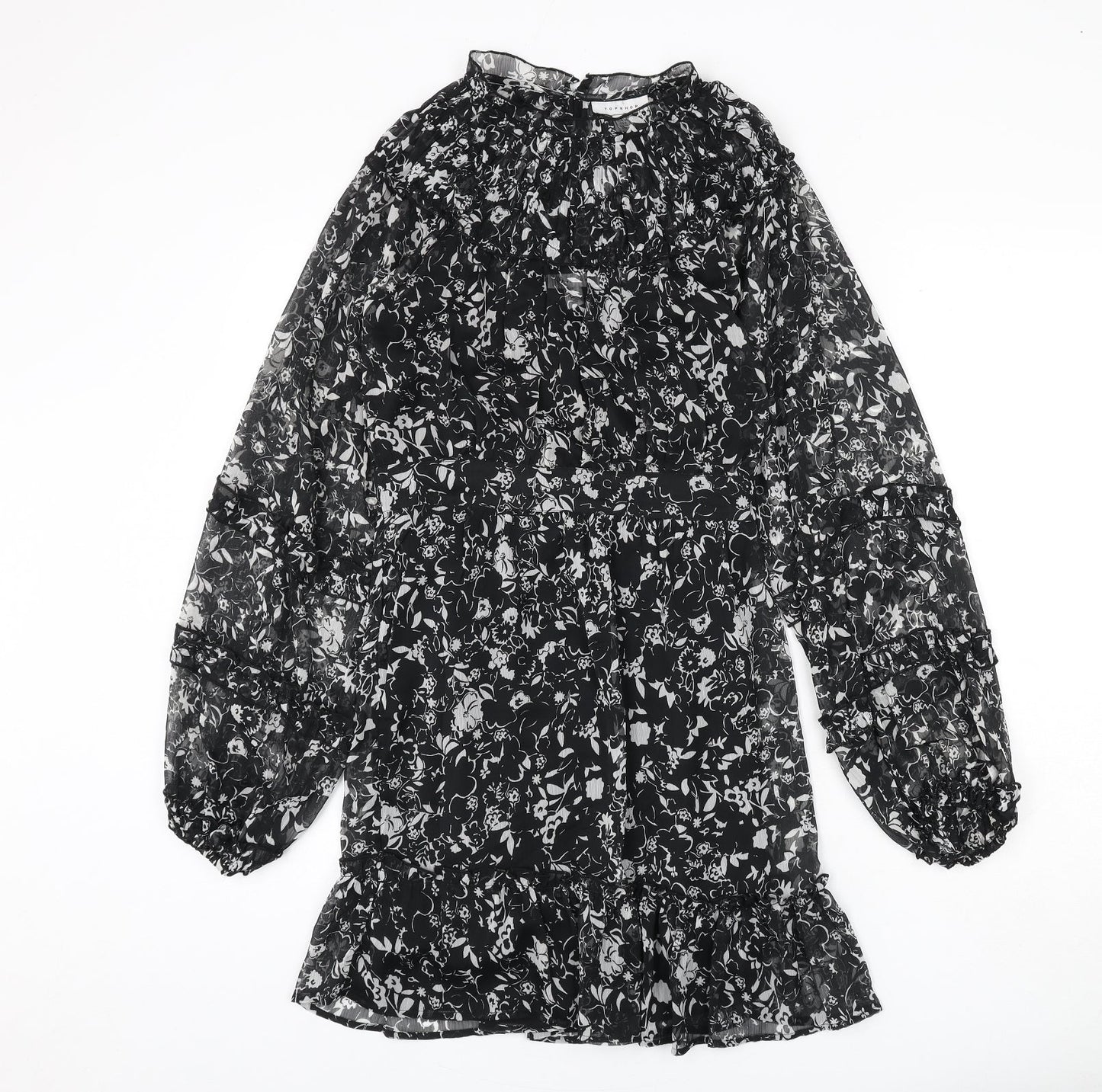 Topshop Womens Black Floral Polyester Sheath Size 10 Mock Neck Button