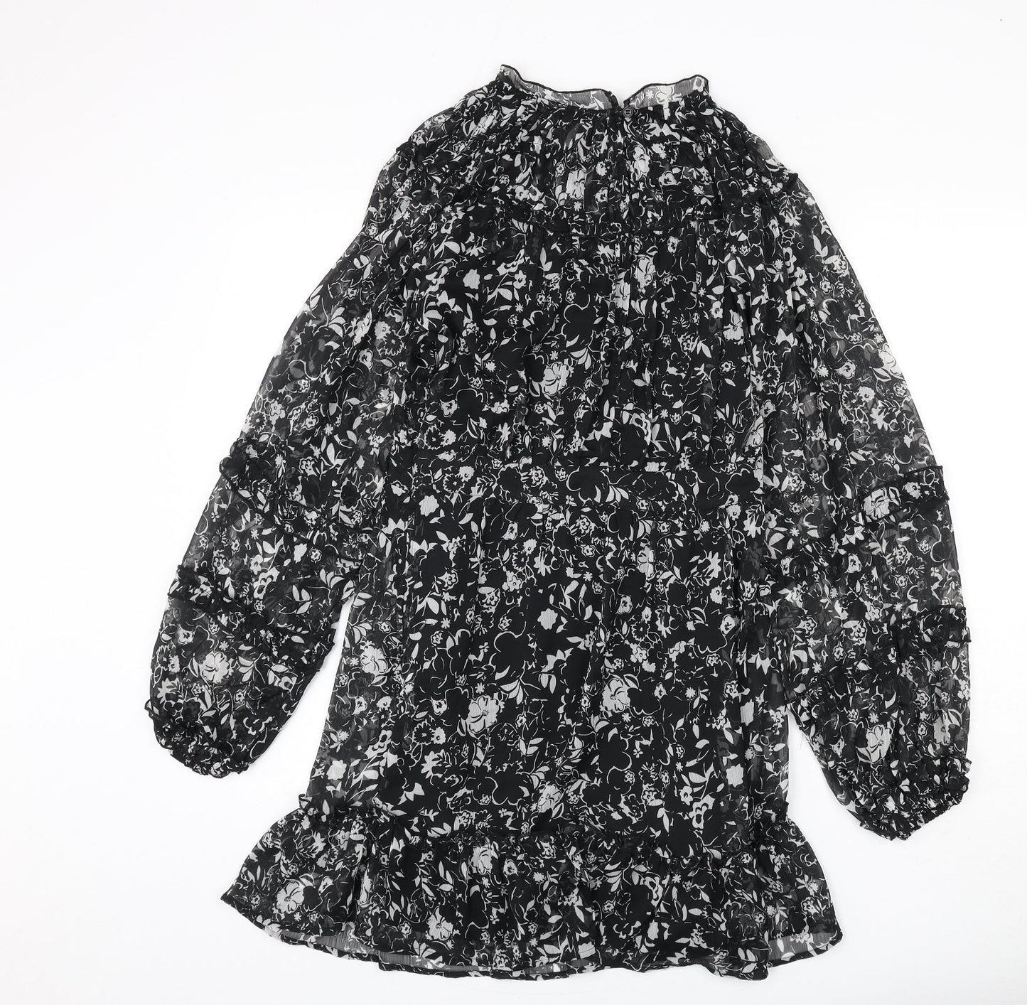 Topshop Womens Black Floral Polyester Sheath Size 10 Mock Neck Button