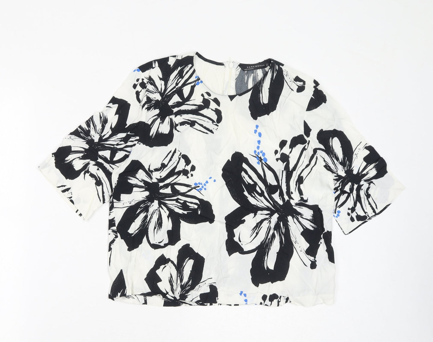 Zara Womens White Floral Polyester Basic Blouse Size M Round Neck