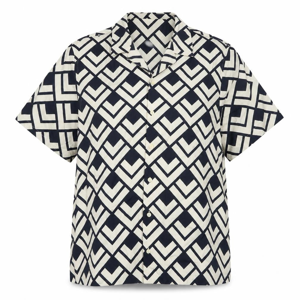 Front view of Autograph women’s black geometric viscose basic button-up, size L, collared - unisex
