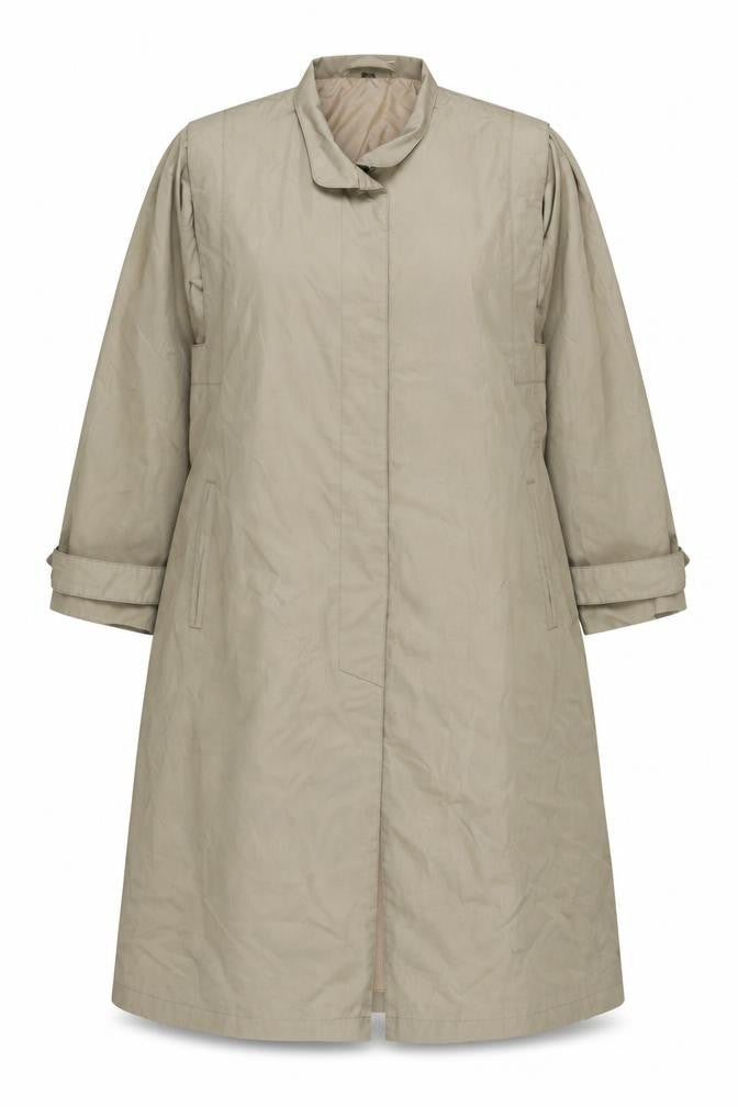 Front view of Canda women’s beige overcoat coat, size UK 14, button