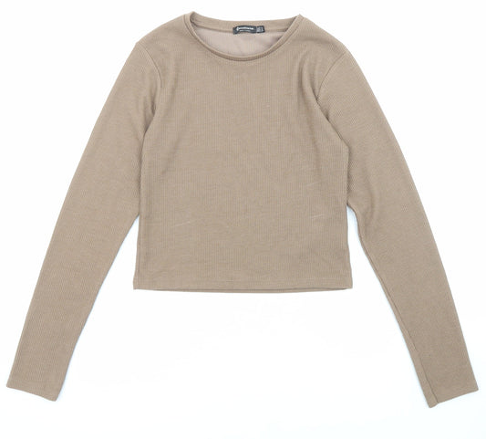 Stradivarius Womens Brown Polyester Basic T-Shirt Size M Crew Neck