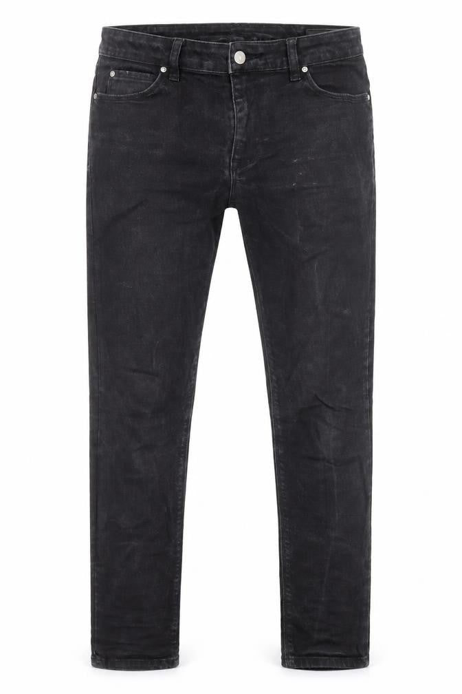 Front view of ASOS men’s black cotton skinny jeans, size 30, in, 30-inch leg regular zip - pockets