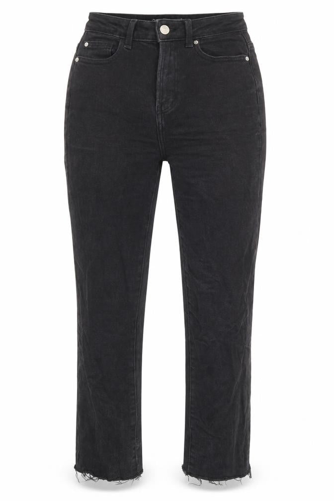 Front view of Denim & Co. women’s black cotton straight jeans, size UK 6, 24-inch leg regular zip - pockets