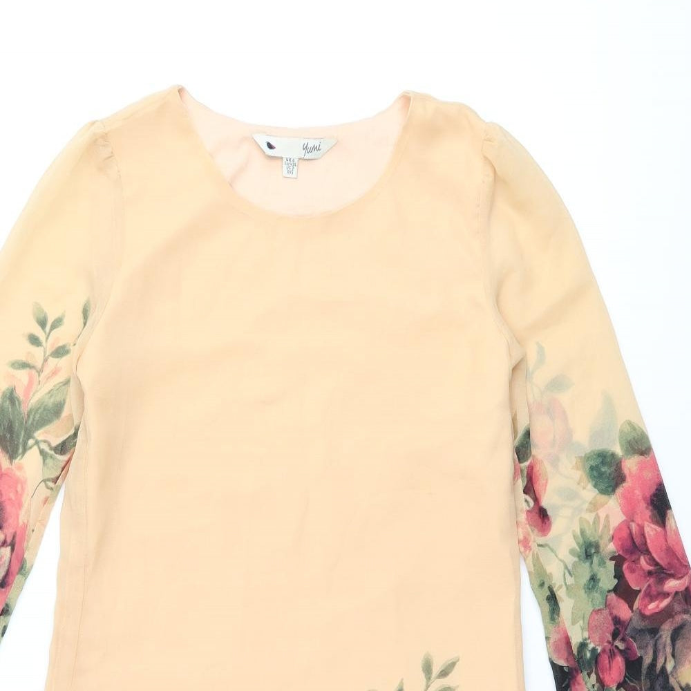 Yumi Womens Orange Floral Polyester Shift Size 6 Scoop Neck Zip