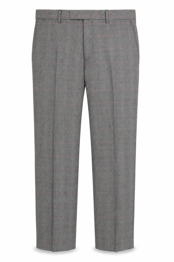 Front view of Savoy Taylors men’s grey plaid wool dress pants trousers, size 34, in, 28-inch leg regular zip