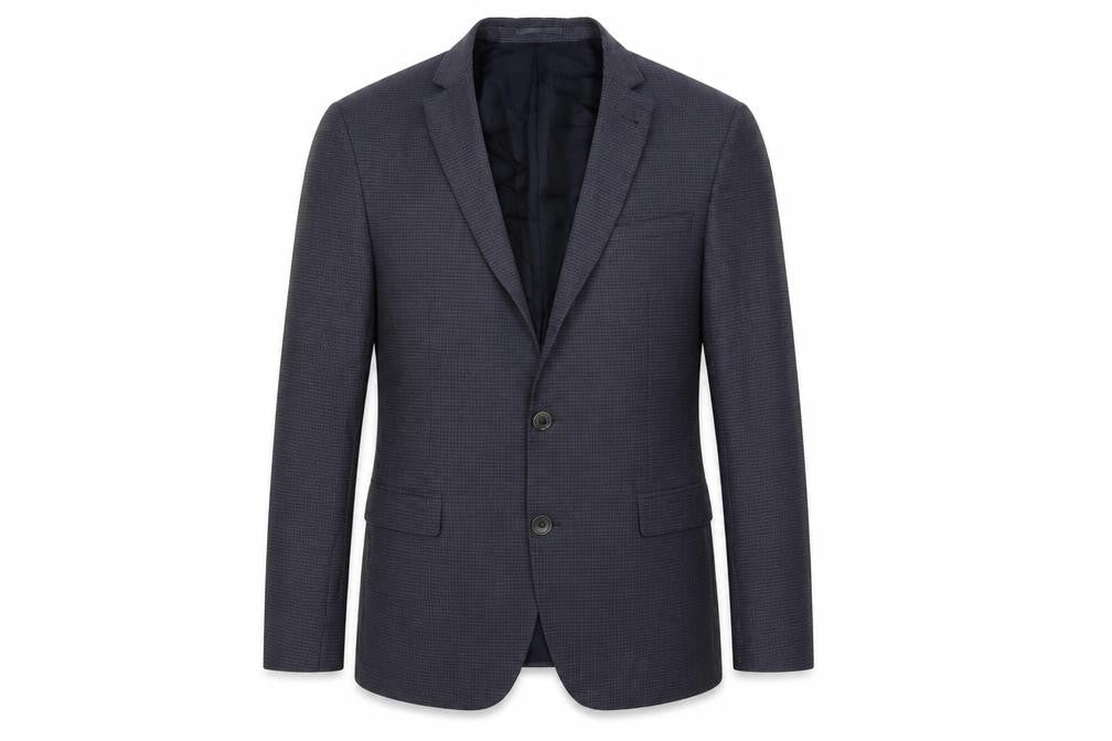 Front view of ASOS men’s blue geometric polyester jacket suit jacket, size 40, regular