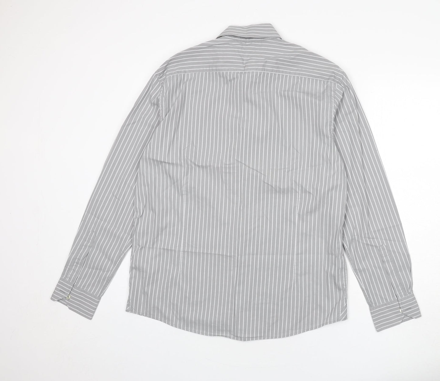 NEXT Mens Grey Striped Cotton Button-Up Size L Collared Button